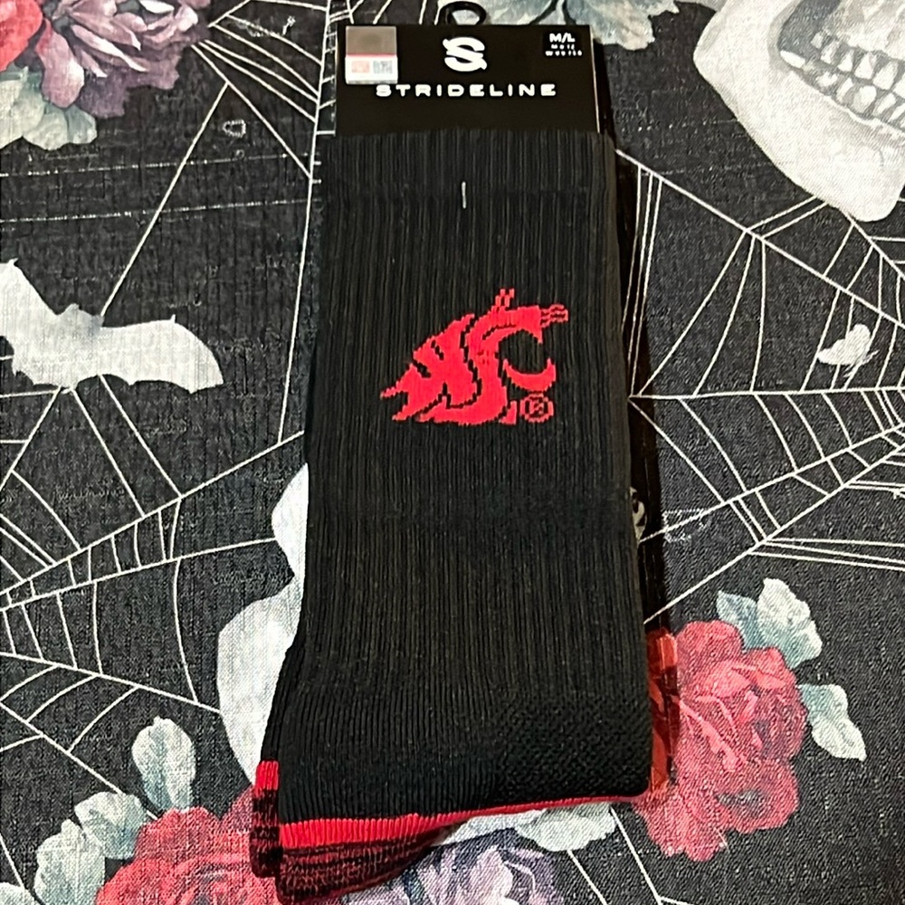 NWT STRIDELINE MENS M/L SHOE SZ 8-12 WASHINGTON STATE COUGAR BLK/RED CREW SOCKS